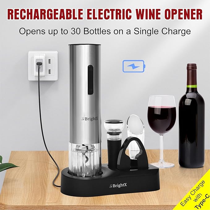 BRIGHTX Modern Rechargeable Electric Wine Bottle Opener Gift Set – Cordless Automatic Cork Remover with Foil Cutter & Charging Base – Wine Accessories Kit | Best Wine Gifts for Women & Wine Lovers