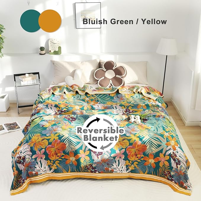 MSGKV Cotton Bed Blanket for Couch and Sofa Blankets for Living Room Bedroom Reversable Florals Throw 80"x90" Breathable Cozy Boho Blankets