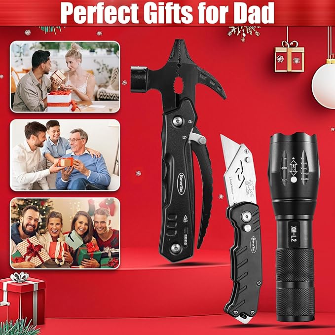 RoverTac Dad Tool Gift Set, 12-in-1 Multitool Hammer, Flashlight & Utility Knife in a Gift Box with "BEST DAD EVER", Unique & Practical Gift for Dad on Father’s Day, Birthday, Christmas & Retirement