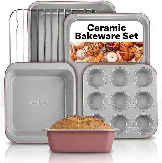 Gotham Steel 6 Pc Stackable Baking Pans Set, 70% Space Saving Design, Ceramic Bakeware Sets Non Toxic Made Without PFOA PFOS, with Baking Sheet Tray, Cake & Muffin Pans, Oven & Dishwasher Safe