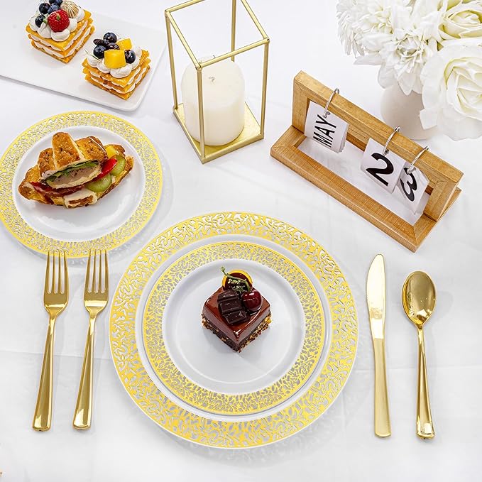 I00000 200 Pcs White and Gold Plastic Plates, Disposable Plastic Plates for 100 Guests Include: 100 Pcs Dinner Plate 10.25” and 100 Pcs Dessert Plate 7.5” Perfect for Party and Wedding
