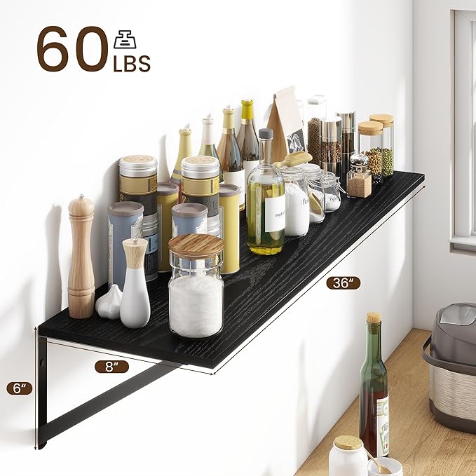 Fun Memories Deep Floating Shelves for Wall, 36W x 8D Wall Mounted Shelves Set of 2, Wide Display Ledge Shelf with Sturdy Metal Brackets for Living Room, Bathroom, Bedroom and Kitchen, Black