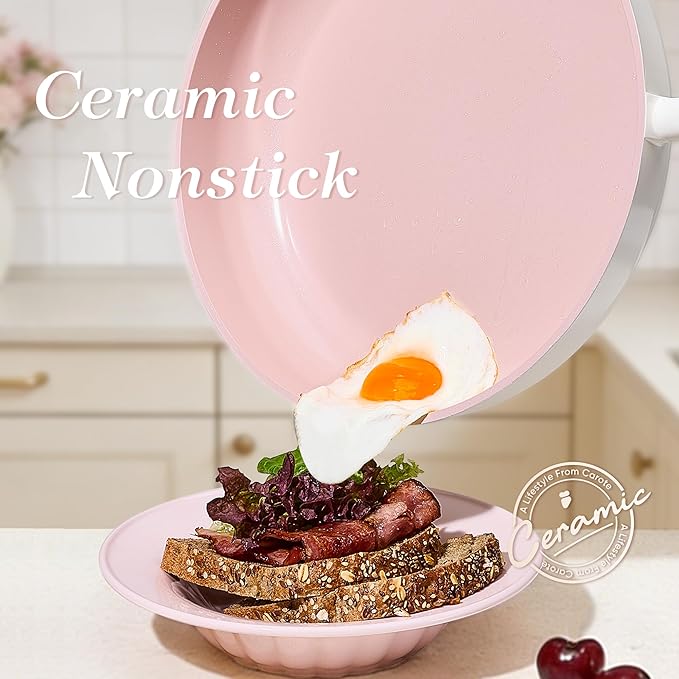 CAROTE Ceramic Cookware Set Nonstick, 15pcs Pots and Pans Set Non stick, Non Toxic Cookware,Dishwasher,RV/Camping Cookware Set, Pan and Pot with Kitchen Utensils, Pink