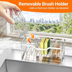 StorageRight Kitchen Sink Caddy Organizer, Rustproof Sponge Holder for Kitchen Sink, Instant Dry High Brush Holders with Drain Tray, Anti-Slip Sink Storage Organization Essentials, Silver