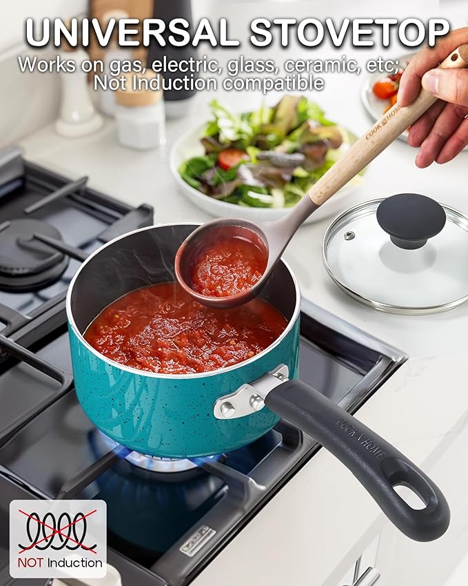 Cook N Home Non Stick Sauce Pan, 1 Quart Saucepan with Glass Lid, Nonstick Small Multi-purpose Pot, Milk Chocolate Aluminum Cooking Pot Pan with Stay-Cool Handle, Turquoise