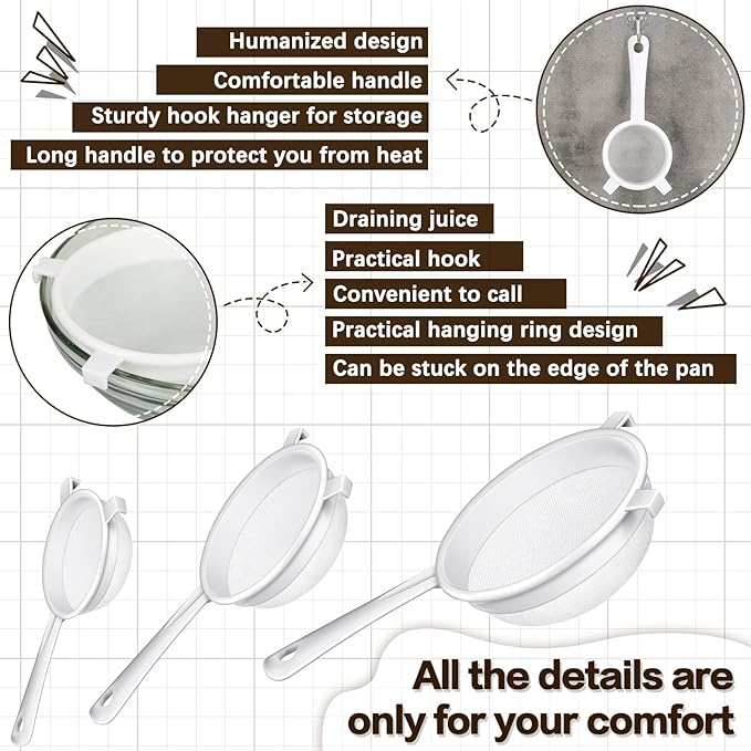 Skyley 3 Pcs Plastic Nylon Mesh Strainer Colander with Handle Double Ear Fine Food Mesh Strainer Flour Sifter for Baking Kitchen Colander Sifter Tea Juice Pasta (5 Inch, 7 Inch, 8.5 Inch)