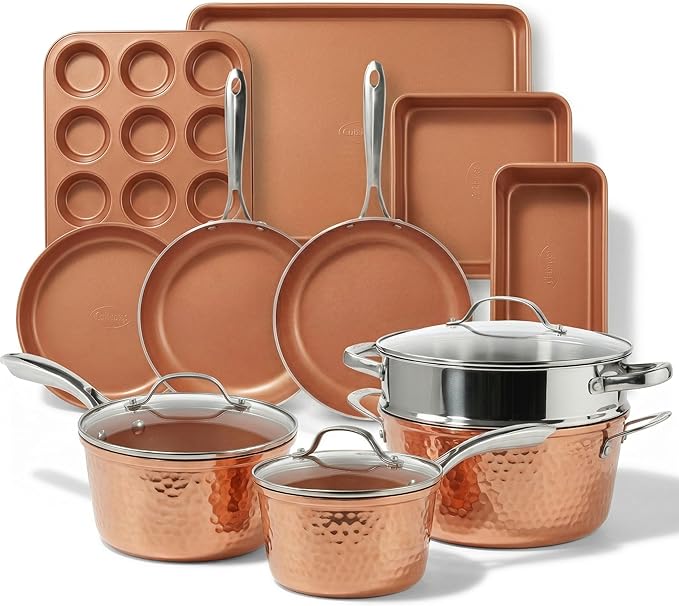 Gotham Steel Hammered 15 Pc Ceramic Cookware Set Nonstick, Induction Pots and Pans Set Non Stick with Bakeware Set & Steamer for Cooking, Non Toxic PFOA PFOS Free, Oven & Dishwasher Safe - Copper