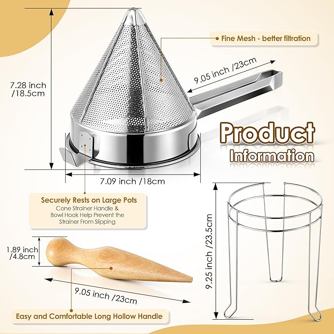 Feekoon Stainless Steel Chinois Strainer with Stand and Wooden Pestle Set, China Cap Strainer for Tomato, Berry, Fruit, Egg, Soup and Other Canning Jam Making Supplies, 15.35 x 7.67 x 7.28 inch