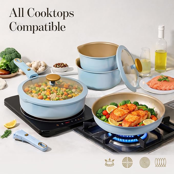 CAROTE 18Pcs Pots and Pans Set, Titanium kitchen Pan Set, Nonstick Cookware Set Detachable Handle, Induction kitchen cookware Non Stick, RV Cookware Sets, Oven Safe, Blue