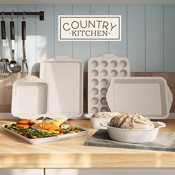 Country Kitchen Nonstick Stackable Bakeware Set - Heavy Duty, Durable, Easy Release Baking Set, Cream, 10 Pcs