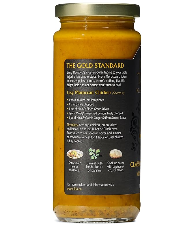 Mina Tagine Moroccan Chicken Simmer Sauce, 12 oz - Classic Ginger Saffron Made with Turmeric, Lemon & Olive Oil, Tagine Seasoning, Chicken Sauce, Garlic Sauce, Moroccan Spices