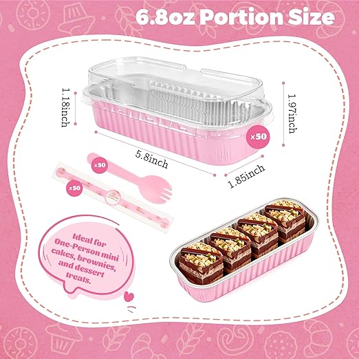NPLUX 50 PACK Mini Cake Pans with Lids and Spoons,Rectangular Aluminum Foil Bread Pan,Mini Loaf Pans and Food Containers with Lids(Pink,6.8oz)