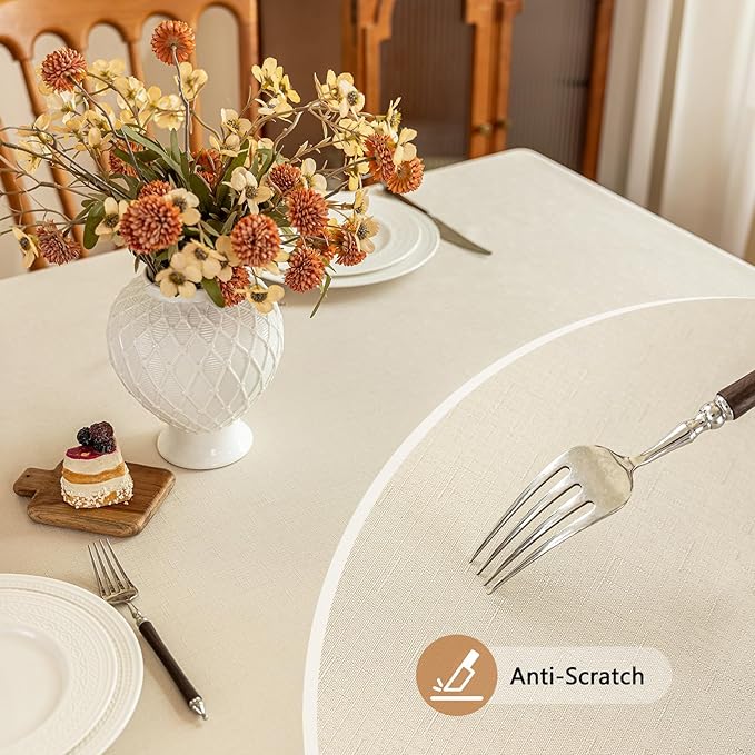 Fabric Beige Table Cloth for 4 Foot Rectangle Table, Faux Linen Textured Water Resistant & Washable Rectangular Tablecloth, Reusable for Dinning Kitchen Party, 52 x 70 Inch