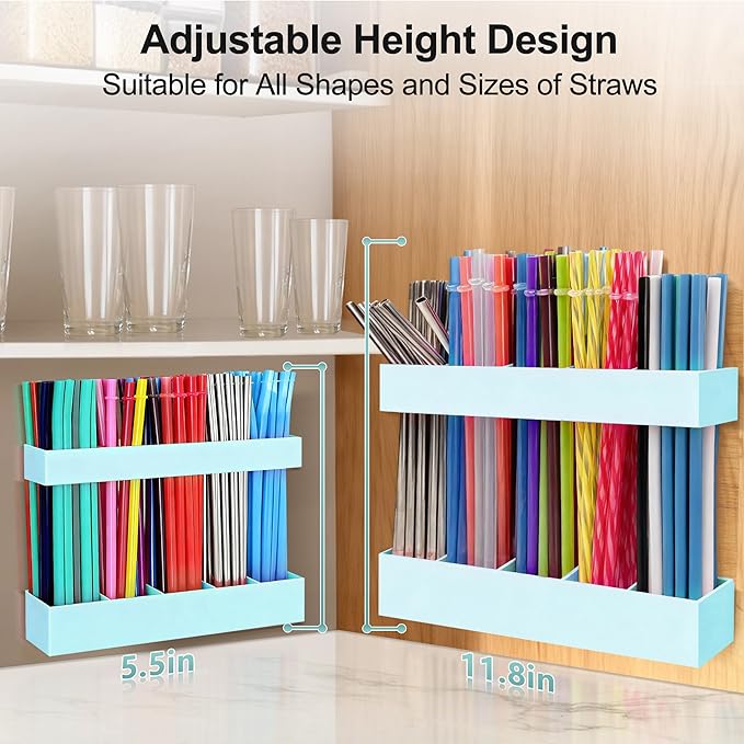 9.5” Large Acrylic Straw Holder for Cabinet Door, Reusable Adjustable Two-Part Straws Organizer with Ultra Sticky Adhesive Strips, 2026 Straw Storage for Kitchen Cupboard (Mint Blue)