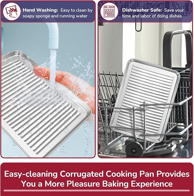 P&P CHEF 9 x 7 x 1 Inch Mini Toaster Oven Pan, Stainless Steel Small Baking Pan Oven Tray for Cooking & Roasting, Corrugated Bottom, Healthy & Sturdy, Dishwasher Safe - 1Pc