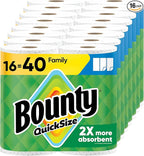 Bounty Paper Towels Quick Size, White, 16 Family Rolls = 40 Regular Rolls