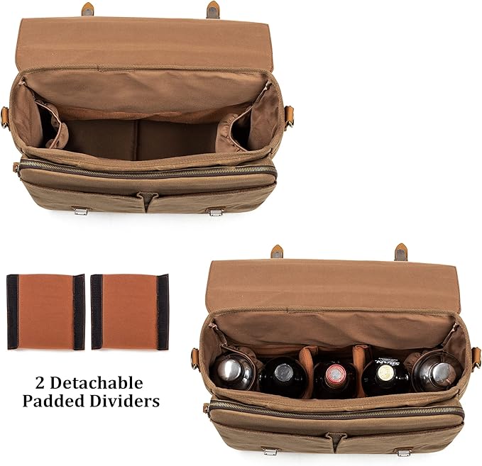 Lodrid Vintage Bartender Kit Bag with Flexible Compartments for Wine, Leather Waxed Canvas Bartender Tote with Removable Dividers, Bar Bag with Handle and Shoulder Strap, Case Only, Patent Design