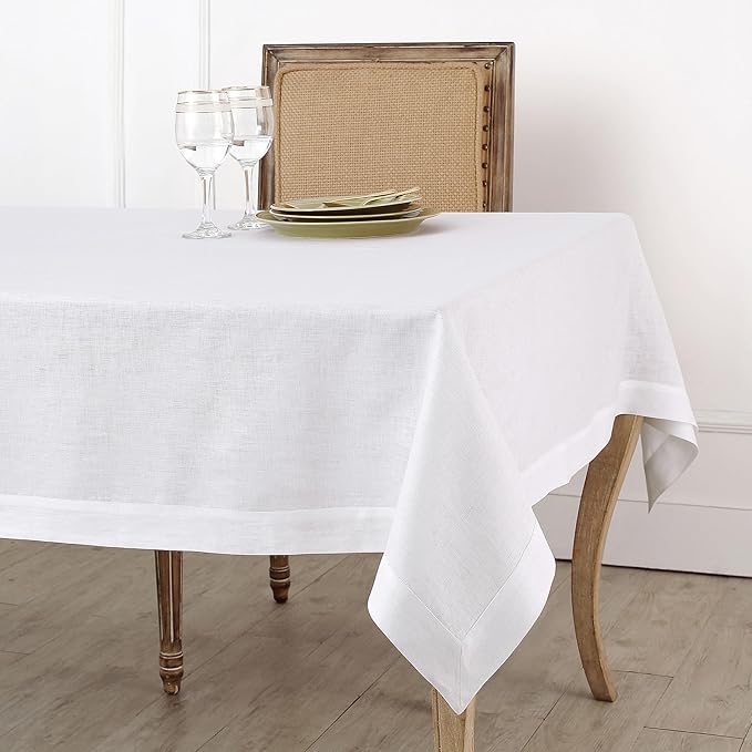 Solino Home Linen White Square Tablecloth 52 x 52 Inch - 100% Pure Linen Table Throw - Fete, Machine Washable Table Cloth for Winter, Christmas, Holiday, New Year