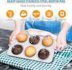 E-far Muffin Pan Set of 4, Stainless Steel Muffin Pan Tin for Baking, 6-Cup Metal Cupcake Pan Tray, Non-toxic & Healthy, Oven & Dishwasher Safe, Regular Size - 11.44 x 7.12 x 1.25 Inch