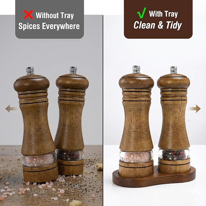 Wooden Salt and Pepper Grinder Set, Premium Oak Wood Salt Grinders Shakers, Pepper Mill with Acrylic Clear Window, Adjustable Ceramic Grinder (6″ - 2 Packs with Tray)
