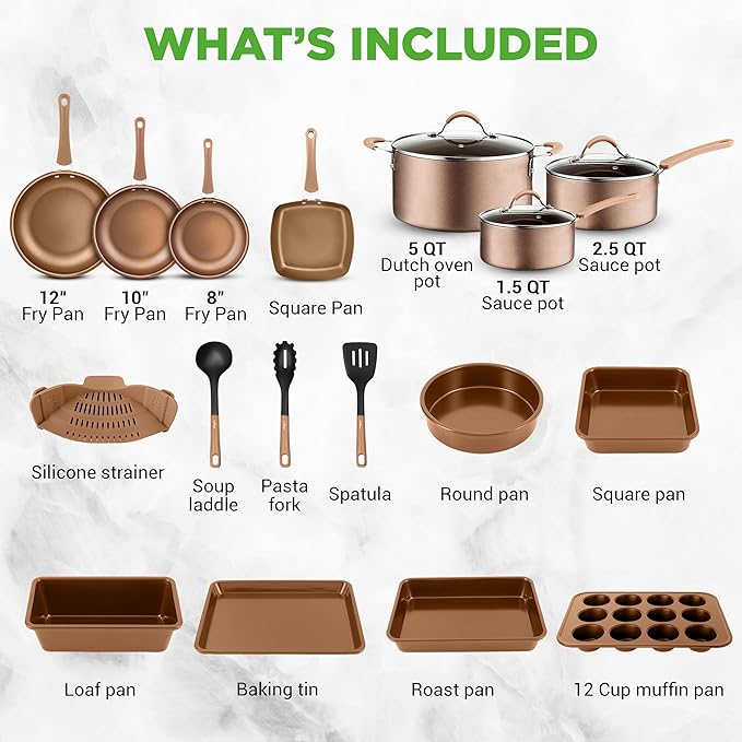 Nutrichef 20 Piece Professional Home Kitchen Cookware and Bakeware, Pots and Pans Set Non Stick Kitchenware, Cool-Touch Handles, Non Toxic, Safe for Gas, Electric, Induction Cooktops, Easy Clean