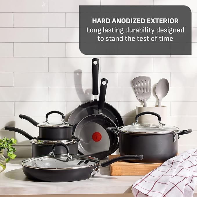 T-Fal Ultimate Hard Anodized 12-Piece Ceramic Nonstick Cookware Set, Oven Safe Up to 400°F, Ceramic Pots and Pans Set, Frying Pans, Saucepan, Stockpot, Cooking Utensils, Stone