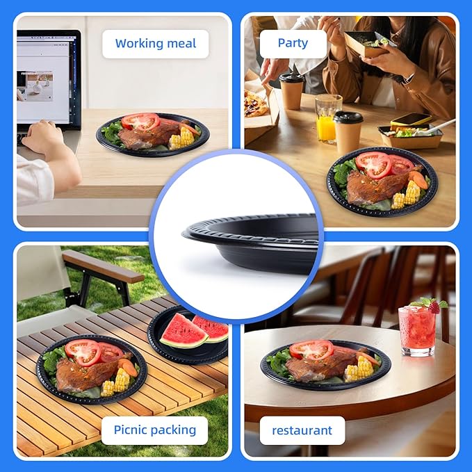 YANGRUI Plastic Plates Mineral Filled PP 10" - 150 Pack Shrink Wrap | Commercial Grade Black Shatter Resistant Trays | Reusable Dishwasher Microwave Safe BPA Free | Heavy Duty Bulk Party Plate