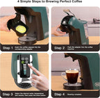 KOTLIE EM-308B Espresso Machine, Single Serve Coffee Maker Compatible with Multiple Capsule Types, Ground Coffee, and ESE Pods, 3 Temperatures, 7 Water Volume Levels, 34 Oz（Green）