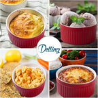 DELLING 12 oz Ramekins Set of 6 - Porcelain Creme Brulee Oven Safe Souffle Dishes, Ceramic Custard Cups for Baking, French Onion Soup Bowls - Red Ramekin Dessert Bowls, Dishwasher Microwave Safe