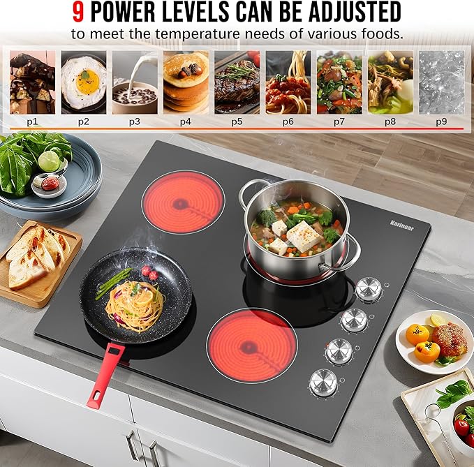 Karinear 24 Inch Electric Cooktop 4 Burners Electric Stove, Knob Control,6000W, Built-in Radiant Hob,Residual Heat Indicator, Overheat Protection,Hardwired 220V Radiant Ceramic Stove(Silver Knob
