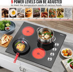 Karinear 24 Inch Electric Cooktop 4 Burners Electric Stove, Knob Control,6000W, Built-in Radiant Hob,Residual Heat Indicator, Overheat Protection,Hardwired 220V Radiant Ceramic Stove(Silver Knob