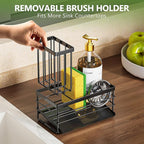 Cisily Sink Caddy Sponge Holder for Kitchen with Brush Holder and Stainless Steel Self Drain Tray, Rustproof Kitchen Sink Organizer for Sponge, Soap Dispenser Storage Accessories (Black)
