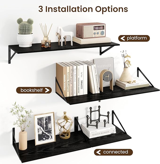 Fun Memories Floating Shelves for Wall, 12 Inch Deep Floating Shelves Set of 2, 55W x 12D Large Wall Shelf with Sturdy Metal Brackets for Living Room, Bathroom, Bedroom and Kitchen, Black