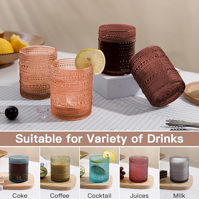 JOVGANK Venus Vintage Hobnail Drinking Glasses Set of 6, Embossed Water Tumbler 12oz, Kitchen & Bar Beaded Glass Cups, Beverage Glass Cups for Water, Beer, Juice, Housewarming and Mother's Day Gift