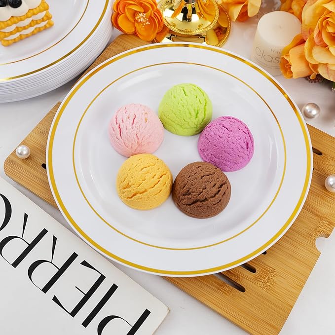 bUCLA 30PCS White and Gold Plastic Dinner Plates Disposable - 10.25inch Premium White Gold Rim Plates, Ideal for Wedding, Party & Thanksgiving
