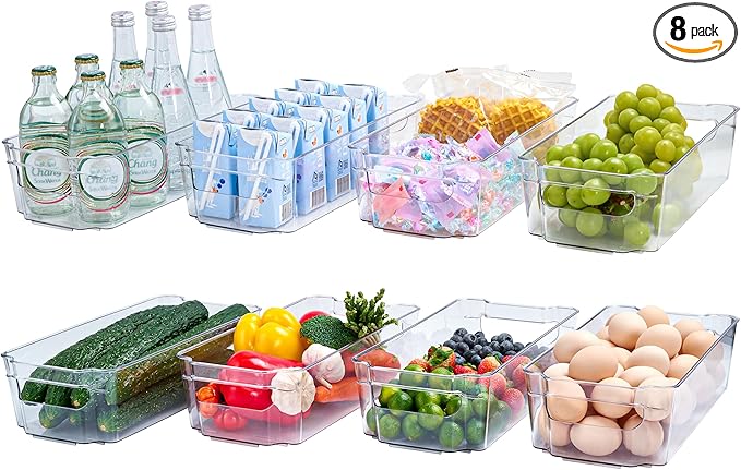 JollyPack 8 Pack Clear Plastic Storage Bins, Pantry Organizers and Storage with Handles, Clear Storage Containers for Fridge, Kitchen, Cabinet, Bathroom and Office