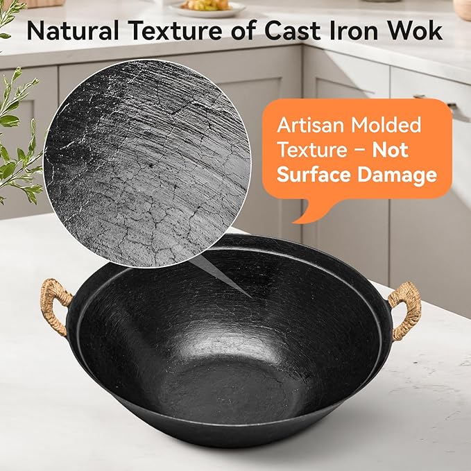 WANGYUANJI 14.2 Inch Cast Iron Wok with Wooden Lid and Iron Spatula, Flat Bottom Double-Handle Chinese Stir Fry Pan, Uncoated Cast Iron Wok for Induction, Gas and Electric Stoves