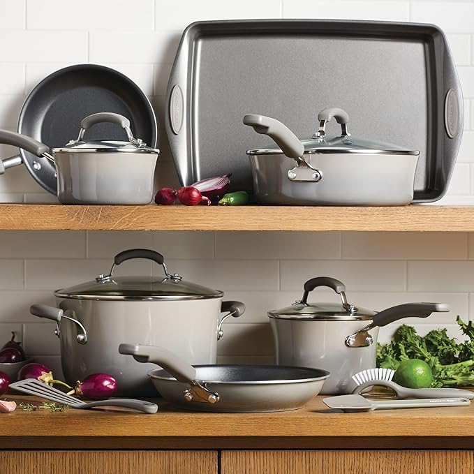 Rachael Ray Brights Nonstick Cookware Pots and Pans Set, 14 Piece, Sea Salt Gray