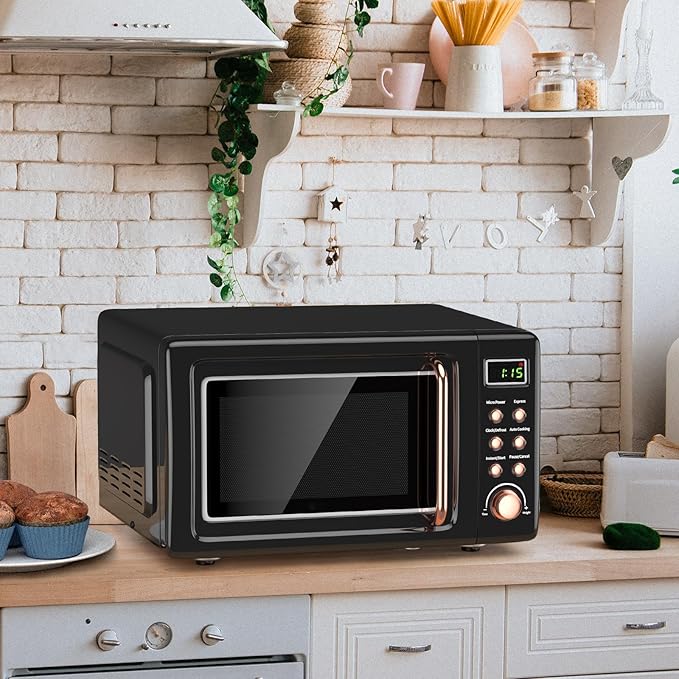 Moccha Retro Microwave, 0.7Cu.ft Compact Microwave, 700-Watt Countertop Microwave Ovens w/5 Micro Power, Delayed Start Function, LED Display, Child Lock, Small Microwave (Black)