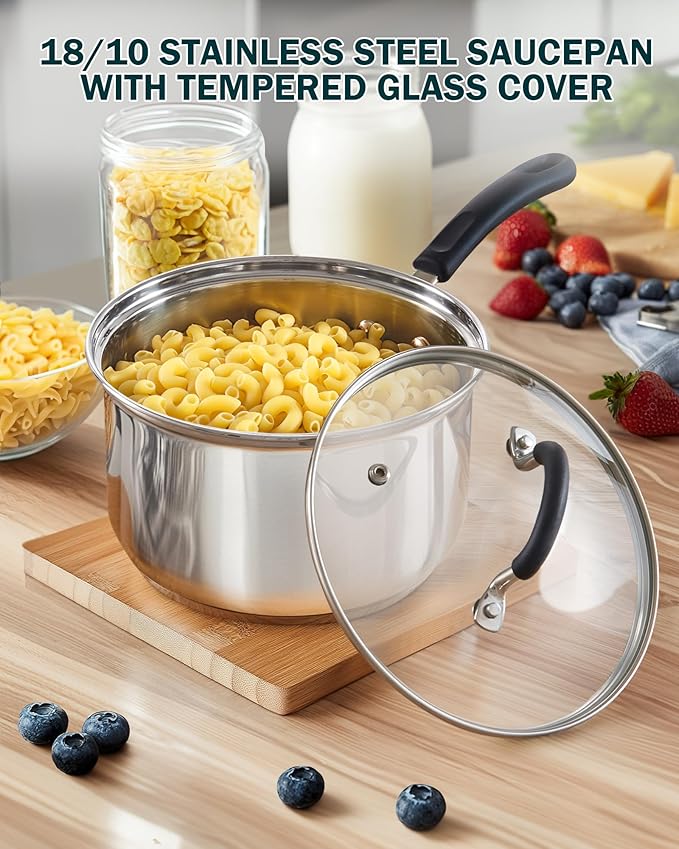 Cook N Home 3 Quart Stainless Steel Saucepan Set with Lid, Induction Compatible Milk Pots, Stay-Cool Silicone Handle, Mirror Polished 18/10 Cookware, Dishwasher & Oven Safe, Silver