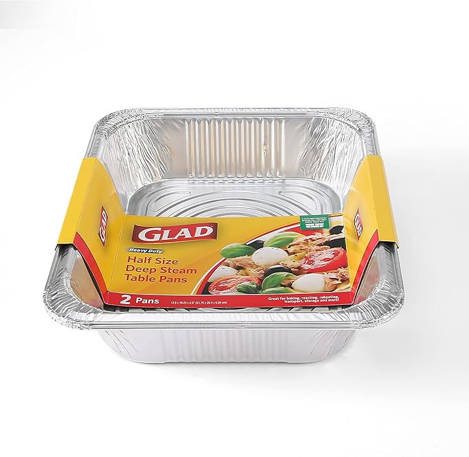 Glad Disposable Half Size Aluminum Steam Pans, Deep Heavy Duty Foil Pans for Steaming, Baking, Roasting, Meal Prep, Catering & Freezer Storage, 12.5 x 10.25 x 2.5 Inch, 2 Count - 2 Pack