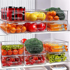Stackable Refrigerator Organizer Bins, 6 Pack Clear Kitchen Organizer Container Bins with Handles and 20 PCS Plastic Bags for Pantry, Cabinets, Shelves, Drawer, Freezer - Food Safe, BPA Free 10"L