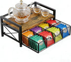 Tea Bag Organizer - Tea Organizer with 8 Compartments & Drawer, Wooden Tea Bar Storage Box, Tea Bag Holder for Countertop Kitchen Tea Station, Rustic Brown