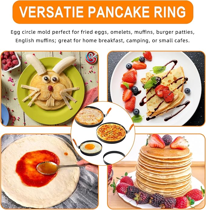 4 Pcs 6" Egg Ring 8" Pancake Mold Stainless Steel Non-stick Omelette Ring with Silicone Handle Egg Mold for Breakfast Sandwiches (Silicone Oil Brush Eggs Strainer)