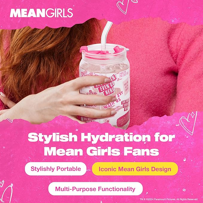 Dragon Glassware x Mean Girls - 16 oz Glass Cups with Lids and Straws, Set of 2 - Iced Coffee Cups with Lids - Versatile Glass Tumbler with Straw and Lid - That's So Fetch & Movie Quotes
