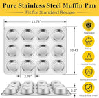 Homikit 2 Pack Muffin Pan, Stainless Steel Cupcake Tin with 12 Cups Regular Size, 13.8" x 10.4" Nonstick Metal Egg Bites Tray for Oven Baking, Non Toxic & Rust Free, Easy Release & Dishwasher Safe