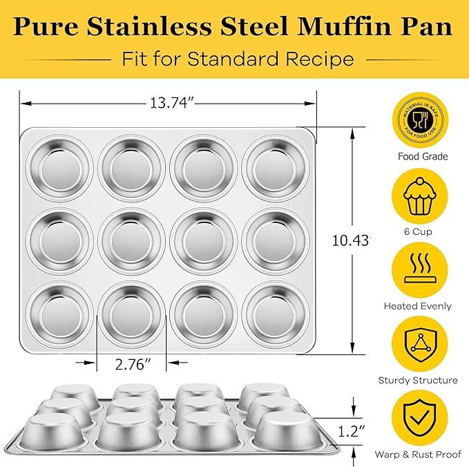 Homikit 3 Pack Muffin Pan, Stainless Steel Cupcake Tin with 12 Cups Regular Size, 13.8" x 10.4" Nonstick Metal Egg Bites Tray for Oven Baking, Non Toxic & Rust Free, Easy Release & Dishwasher Safe