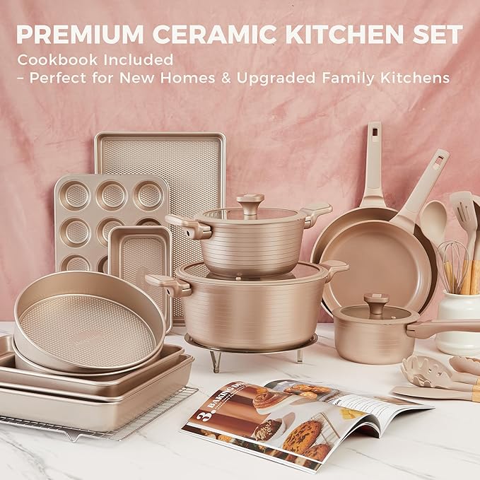 HONGBAKE Pots and Pans Set Nonstick, 26 Pcs All-in-One Kitchen Starter Set with Cookware, Bakeware & Silicone Utensils, Non Toxic Ceramic Coating, Induction & Oven Safe, PFOA PFOS Free, Gold