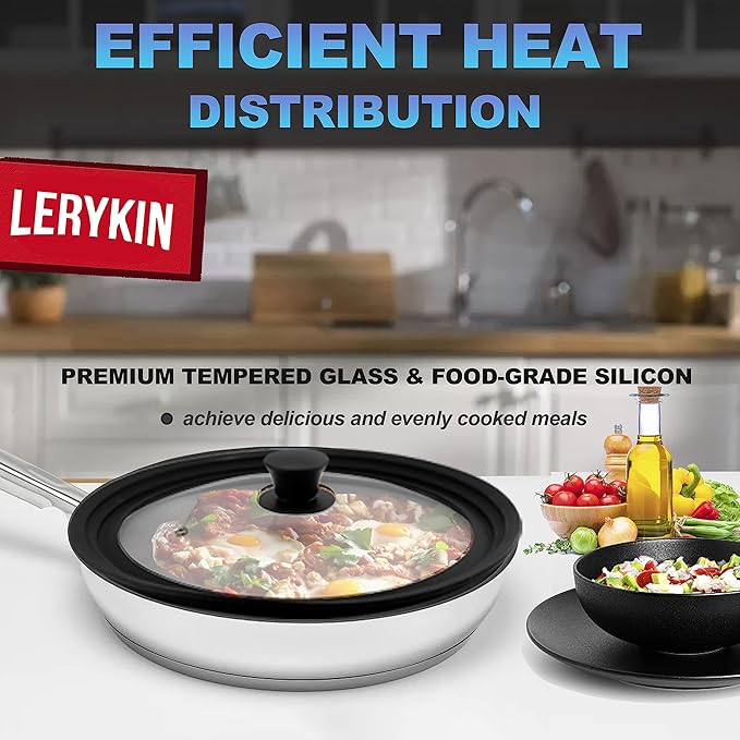 Lerykin Tempered Glass Lid Set of 2 - Universal Lids with Heat Resistant Silicone Rim for Pots, Pans and Skillets - Pan Cover Replacement Lids Fit 7", 8" & 9" and 10", 11" & 12" Diameter Cookware