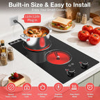 2100W Electric Cooktop 2 Burner: Electric Stove 110v-120v Hot Plate, Knob Control Countertop & Built-in Ceramic Cooktop 9 Power Levels, Child Lock, Timer, Suitable for all Pans